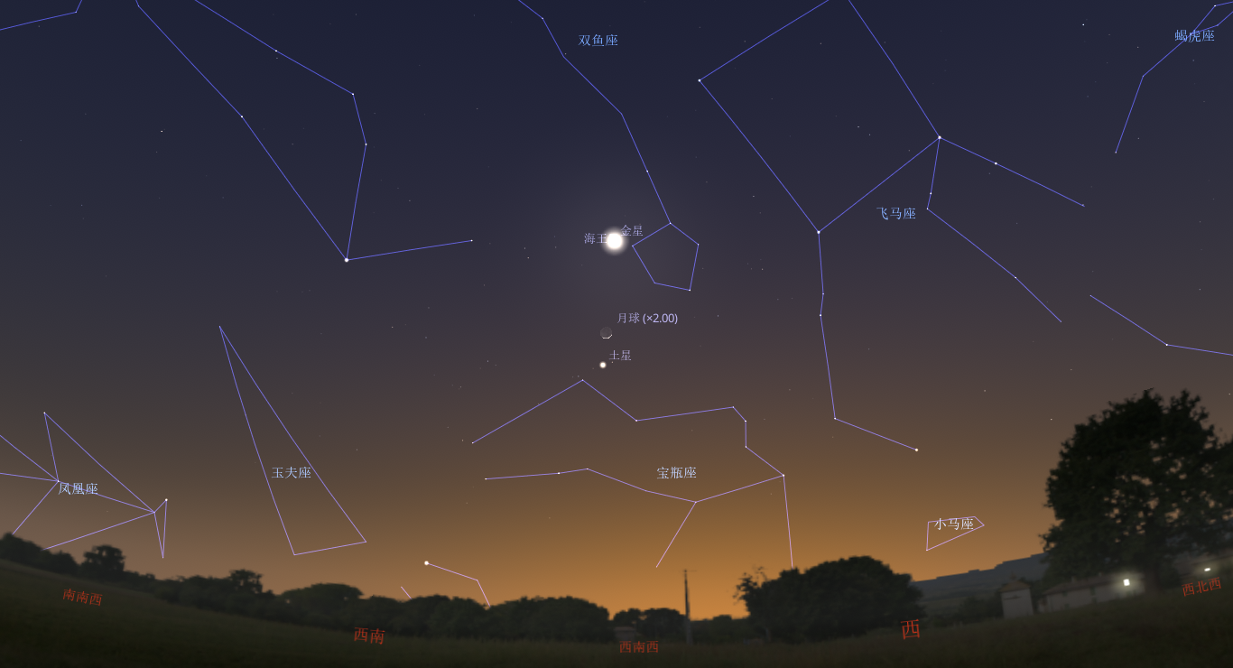 2025年2月1日傍晚,金星、蛾眉月、土星垂直排列
