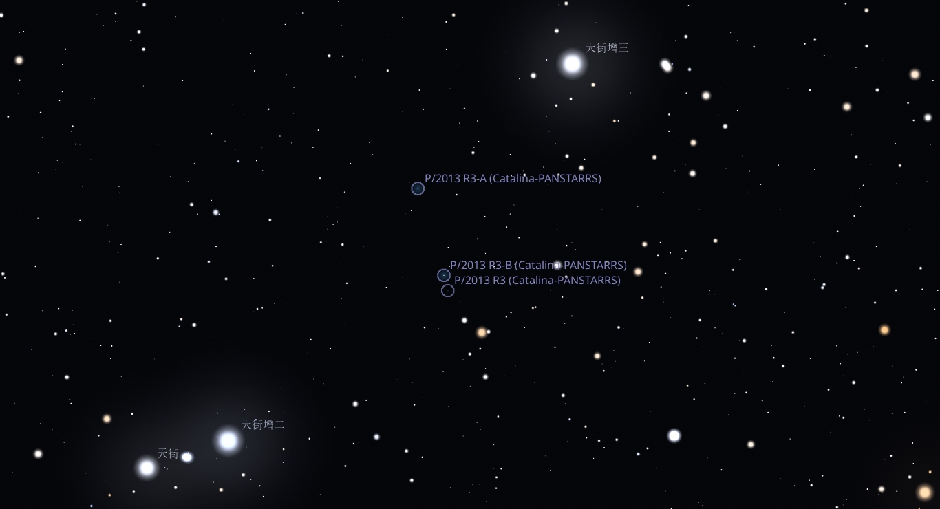 P/2013 R3 (Catalina-PANSTARRS)卡塔琳娜-泛星彗星从天街增二与天街增三之间穿过。