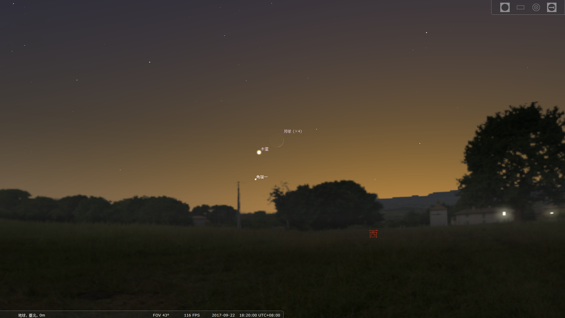 2017/9/22傍晚18:20,眉月、木星和角宿一接近景象示意图。 1505747908584661.png
