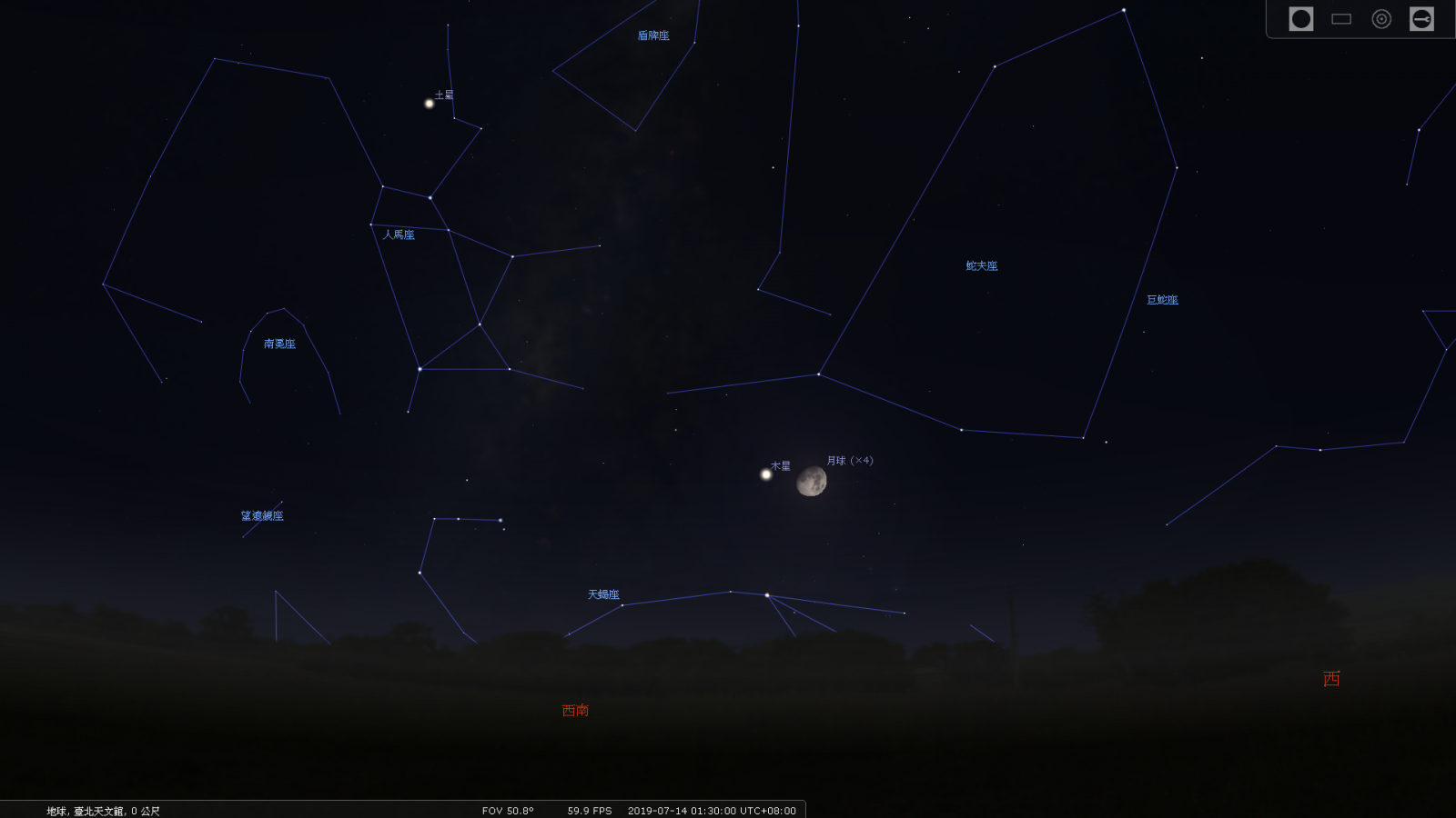 2019/7/14凌晨1:30,木星和月球接近示意图。