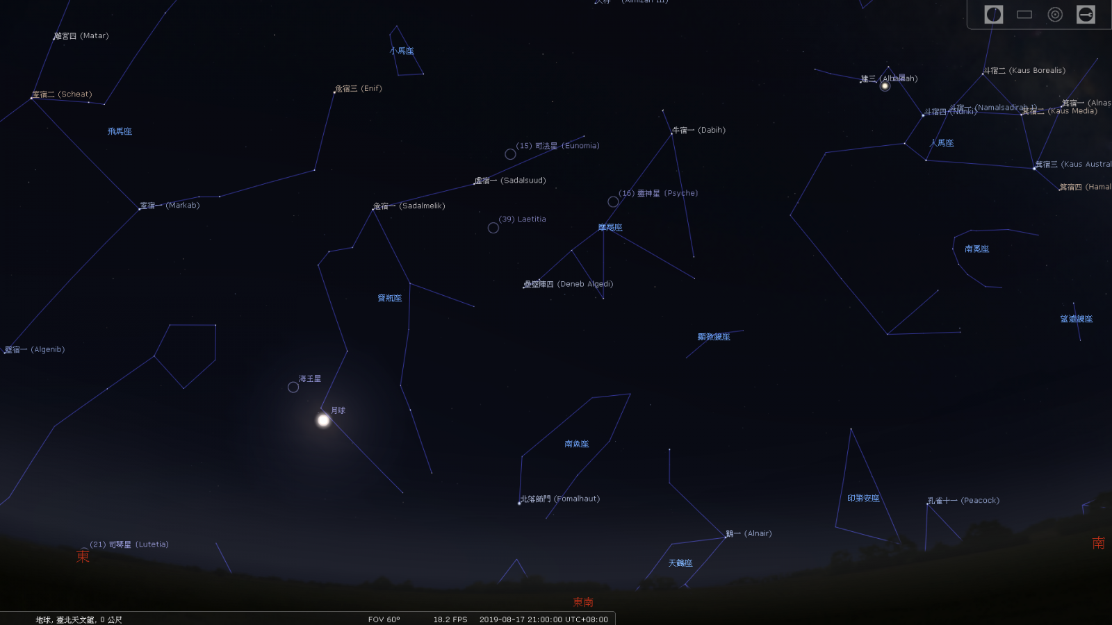 2019/8/17晚21:00,喜神星所在位置示意图。