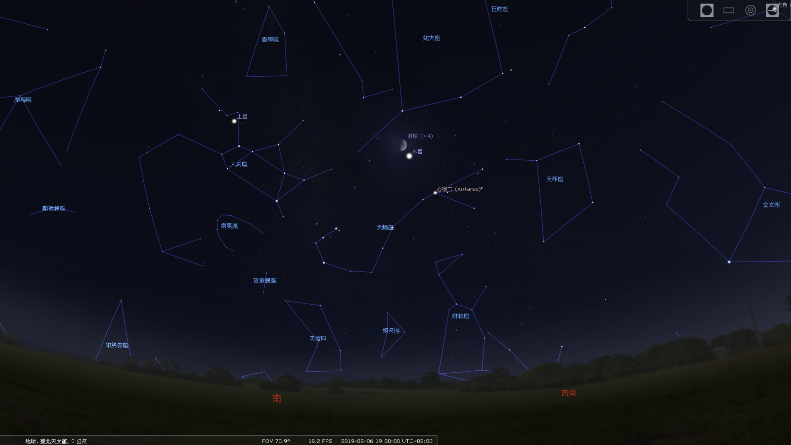2019/9/6傍晚19:00,木星与月球接近示意图。