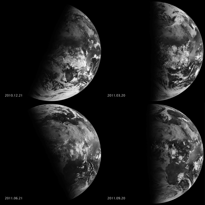 气象卫星Meteosat-9所拍摄的2010-2011年两分两至时刻的地球图像。Credit:NASA