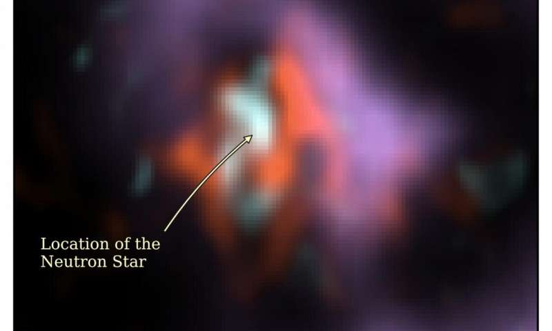 卡迪夫大学天文学家利用ALMA观测到SN 1987A尘埃云中因中子星造成的亮斑。Credit: Cardiff University.
