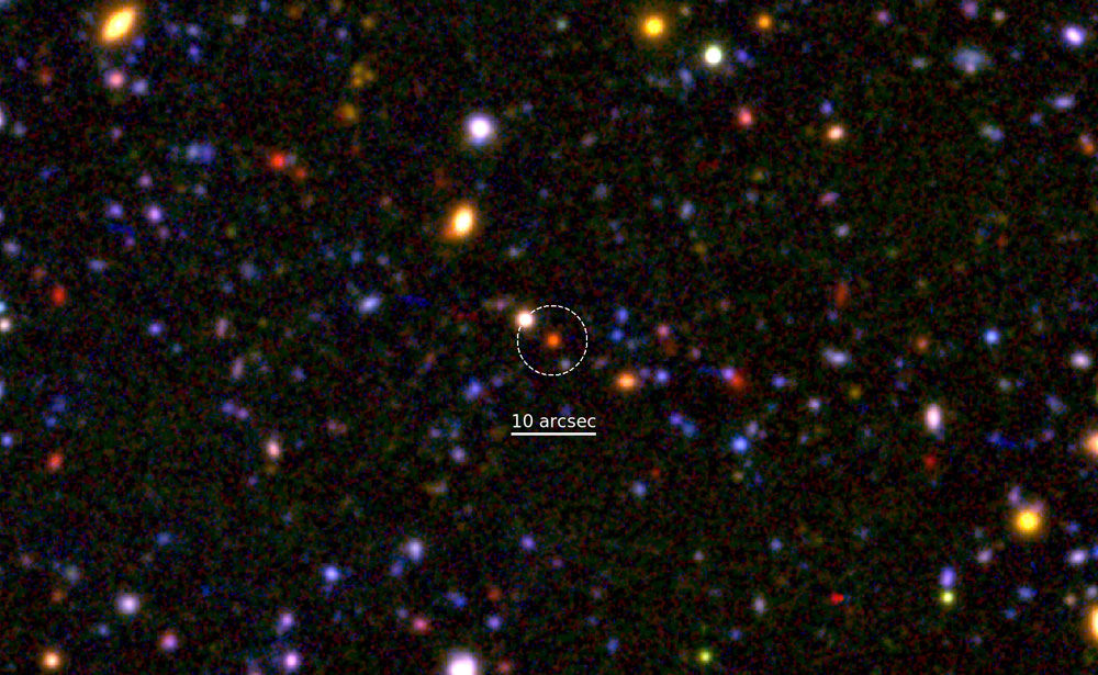 图像中央圈起的红色天体就是大约处在120亿年前宇宙早期的垂死星系。Credit: NAOJ/M. Tanaka