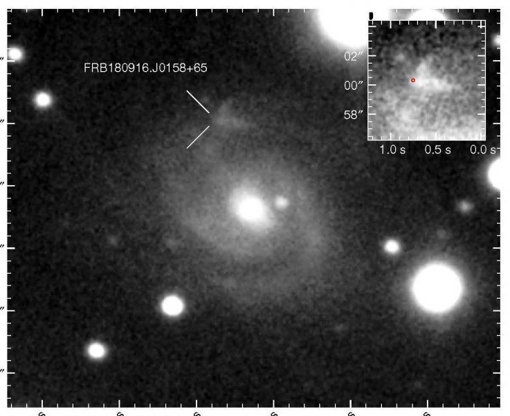FRB 180916.J0158+65位于约5亿光年远的大质量螺旋星系SDSS J015800.28+654253.0的外缘。Image via B. Marcote et al./ Arxiv.