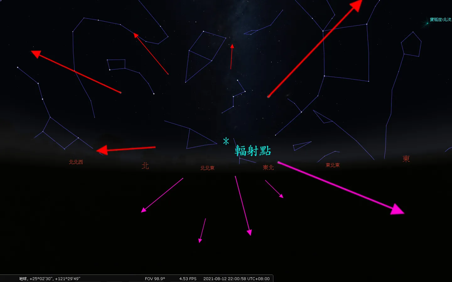2021/08/12 晚上22点左右,英仙座流星雨辐射点位置示意图。