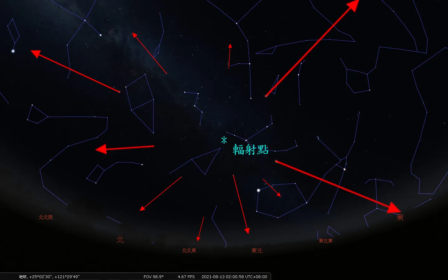 2021/08/13 凌晨2点左右,英仙座流星雨辐射点位置示意图。