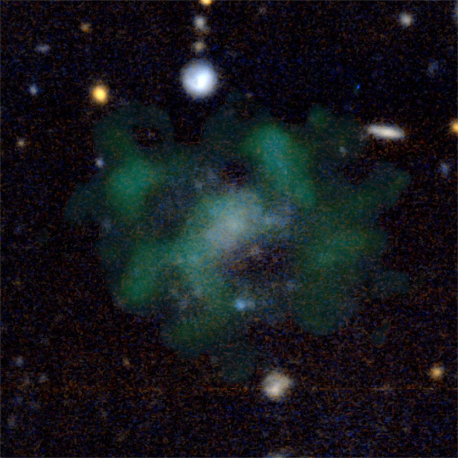 图片显示富含气体的超稀疏星系AGC 114905,蓝色为恒星、绿色为中性氢气。