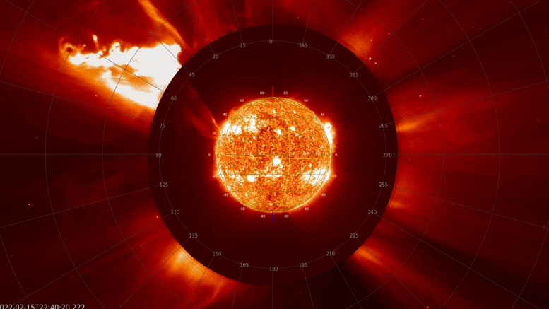 太阳轨道器载具与SOHO观测到的大规模喷发。图片来源:Solar Orbiter/EUI and SOHO/LASCO teams, ESA & NASA