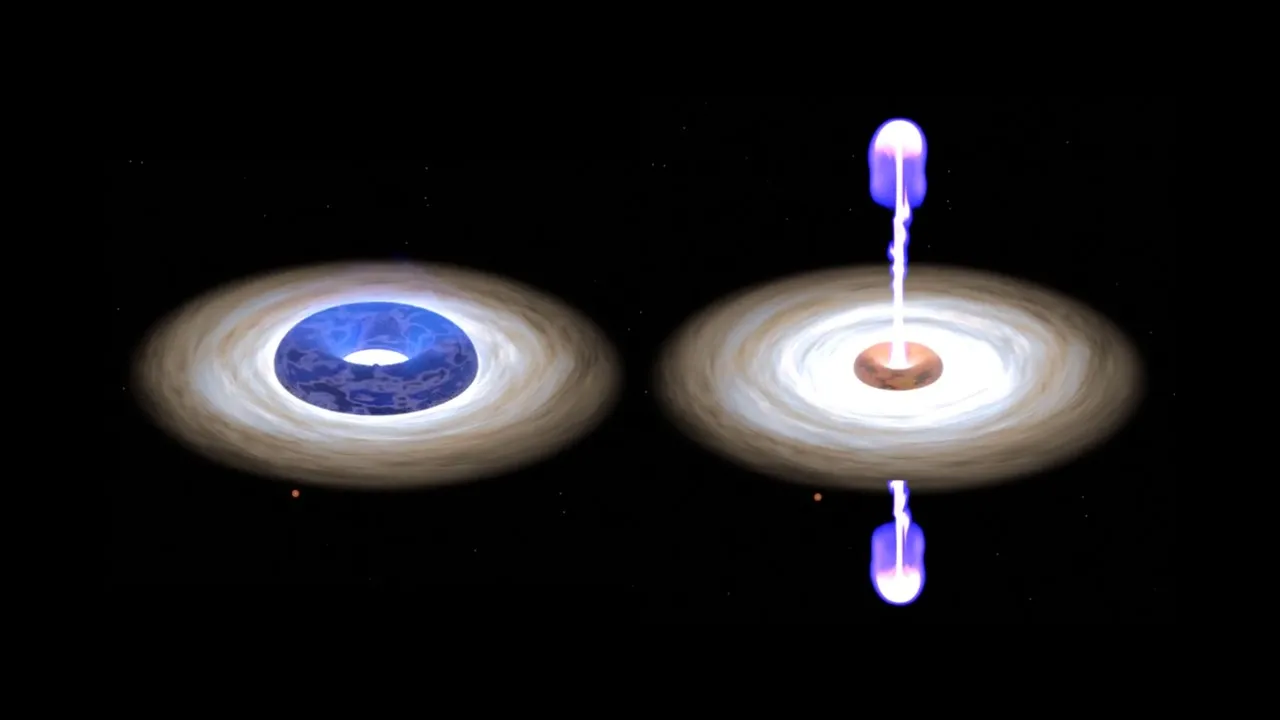 Two screenshots of the animation of two phases of a black hole. (c) Méndez et al.
