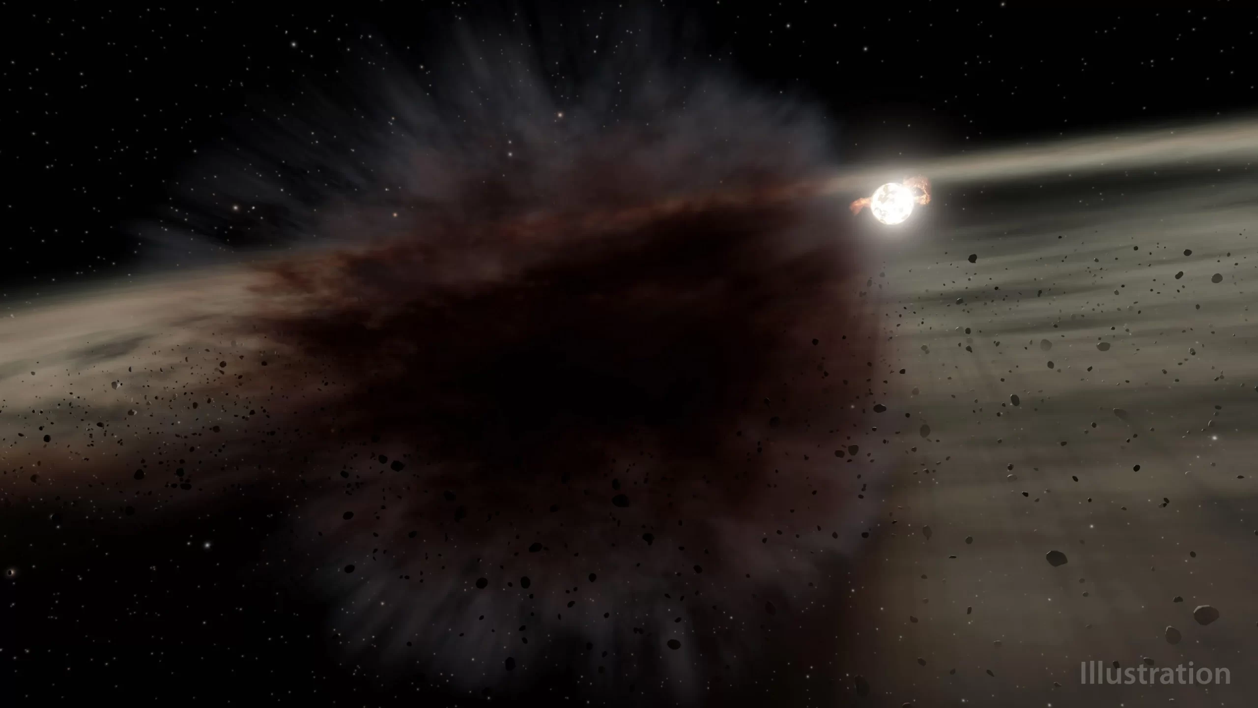 艺术家描绘HD 166191年轻恒星周围的尘埃碎片云在近距离观察时的样子。图片来源:NASA/JPL-Caltech