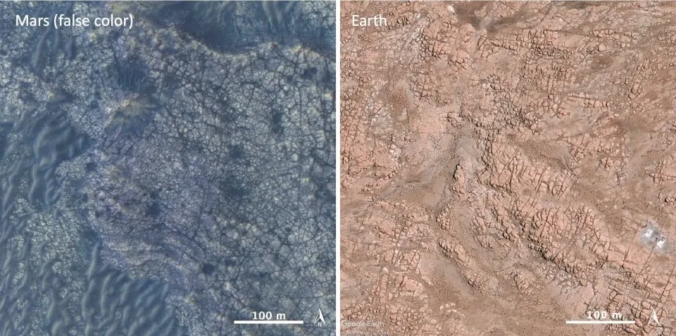 左图为假色照片显示火星Nili Fossae地区富含橄榄石的岩层与右图地球上熔接凝灰岩(真彩色)的对比。右图裂痕是冷缩节理,与左图中的非常相似。图片来源:HiRISE/Google Earth