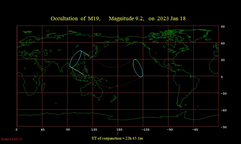 2023年1月19日凌晨月掩M19球状星团可见区域地图。图片来源:Occult4