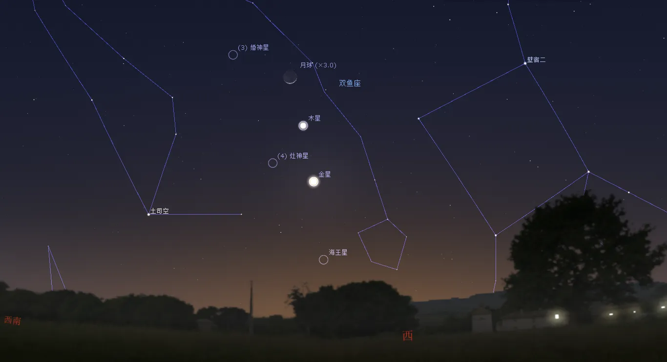 2023/2/23 蛾眉月、木星、金星排列成一条线