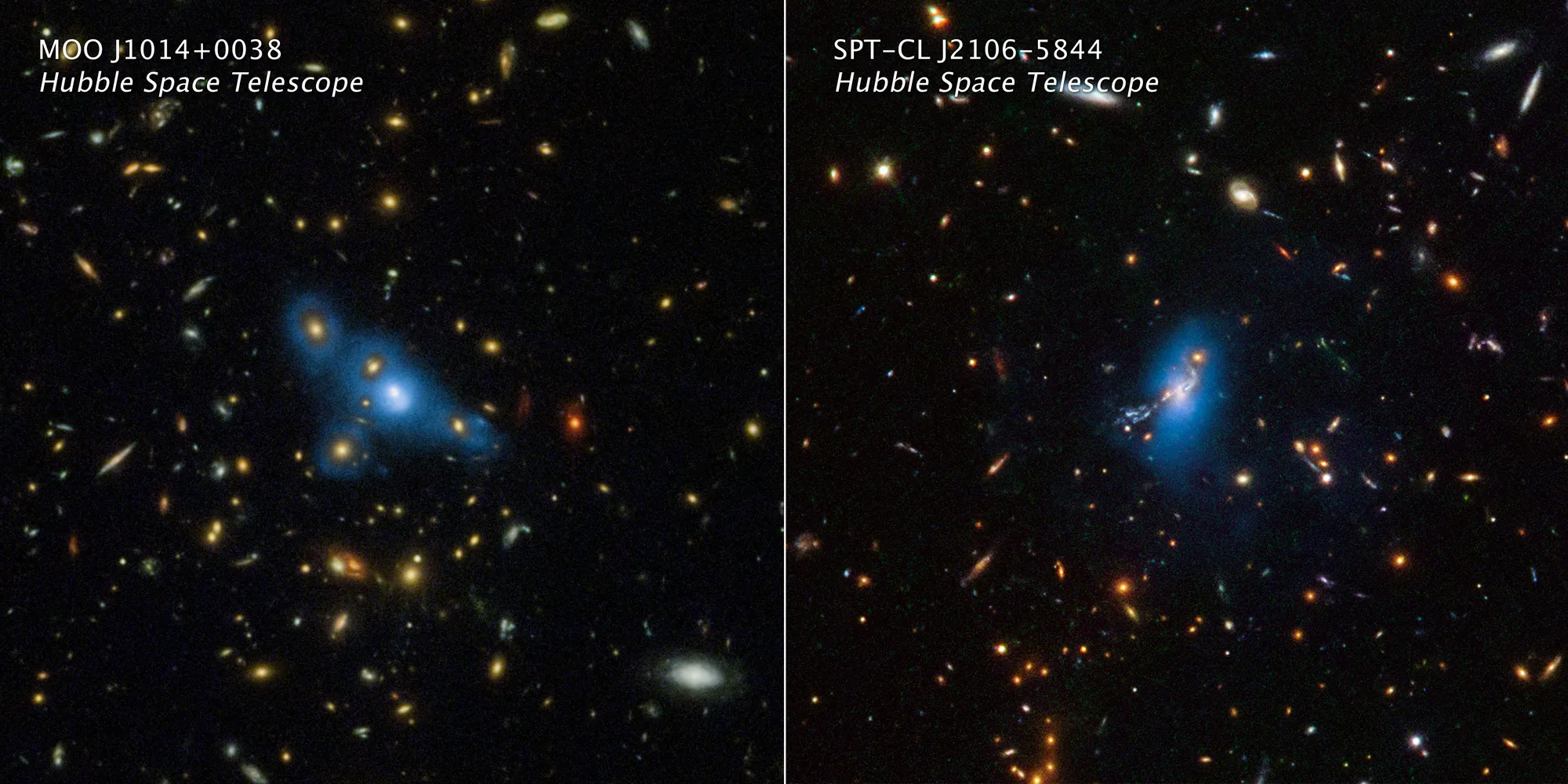 MOO J1014+0038(左图)和SPT-CL J2106-5844(右图)的两个巨大星系团的哈勃太空望远镜图像。蓝色代表星系团内光的现象。数十亿年前,恒星从它们的母星系中脱离,现在游走在星际空间中。图片来源:NASA、ESA、STScI、James Jee(延世大学);图像处理:Joseph DePasquale (STScI)