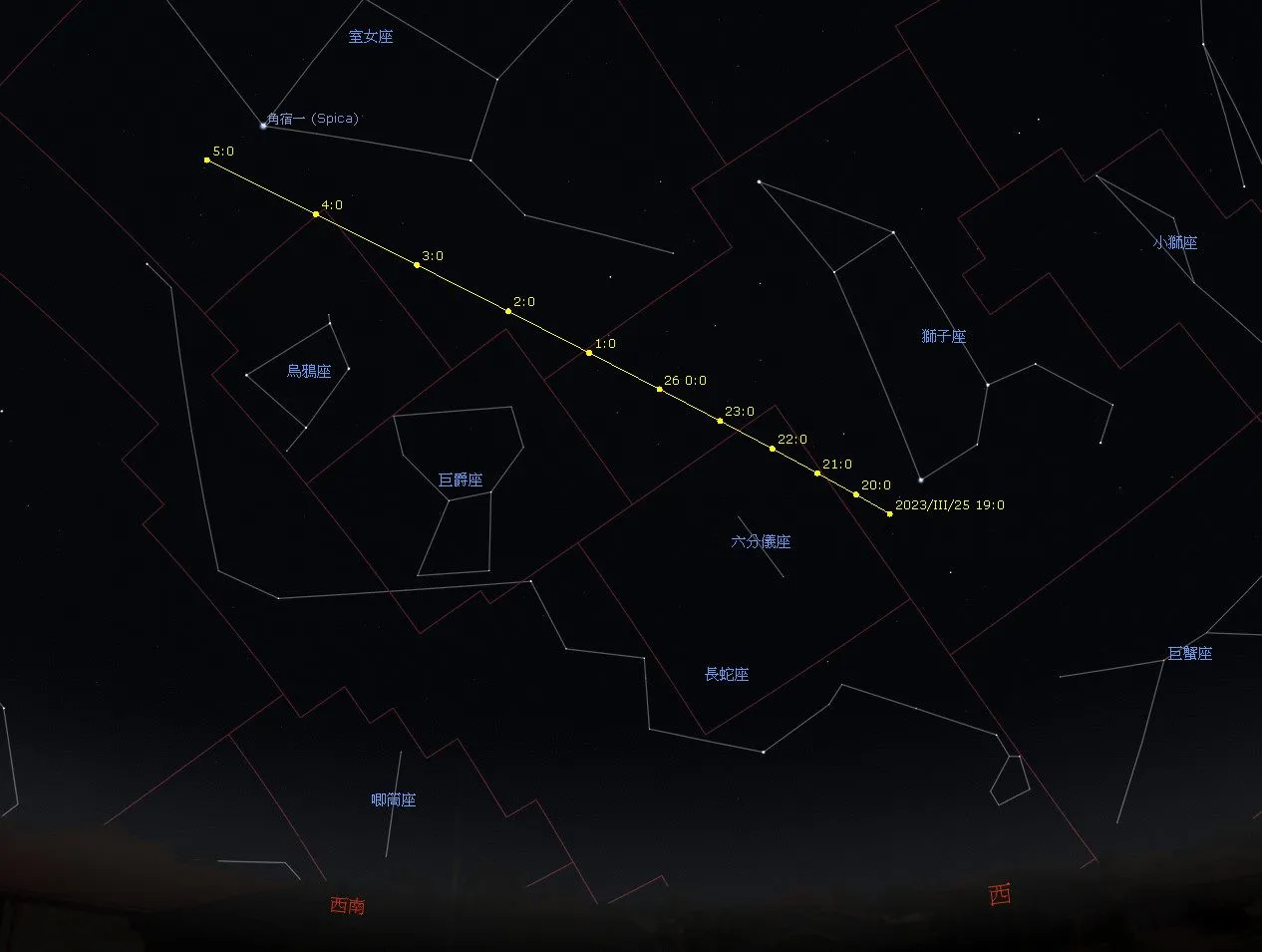 2023年3月25日晚上至3月26日凌晨期间,2023 DZ2在天空中的飞掠轨迹。