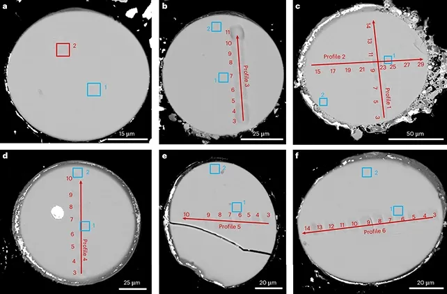 研究分析的冲击玻璃珠电子图像。Impact glass beads under analysis. (He et al, Nature Geoscience, 2023)
