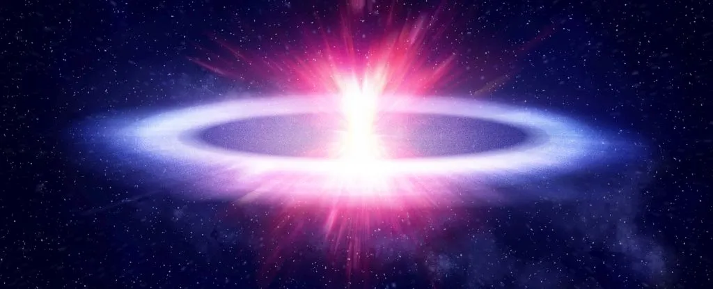 艺术家想像的AT2018cow事件,可能从极为扁平的盘状构造产生。An artist's impression of the flat explosion of AT2018cow. (Phil Drury/University of Sheffield)