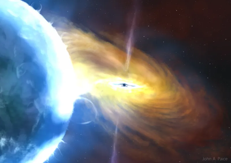 艺术家笔下的黑洞与吸积盘正在吞噬天体的想像图。Artist’s concept of a black hole accreting a companion. Astronomers have found an explosion of a cloud of dust around a black hole that was 10 times brighter than any supernova and has lasted more than 3 years. It’s the largest cosmic explosion astronomers have ever seen. Image via John A. Paice/ Royal Astronomical Society.
