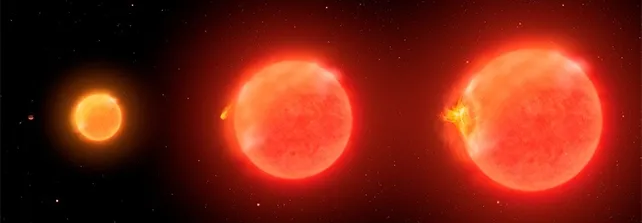 一颗行星围绕母恒星运行(左图),随着时间推移,恒星不断膨胀,影响行星的轨道,直到相互作用产生可探测的光度变化。A planet orbits its star (left), which expands over time, affecting the planet's orbit, eventually growing until the interaction produces detectable changes in light (International Gemini Observatory/NOIRLab/NSF/AURA/P. Marenfeld)
