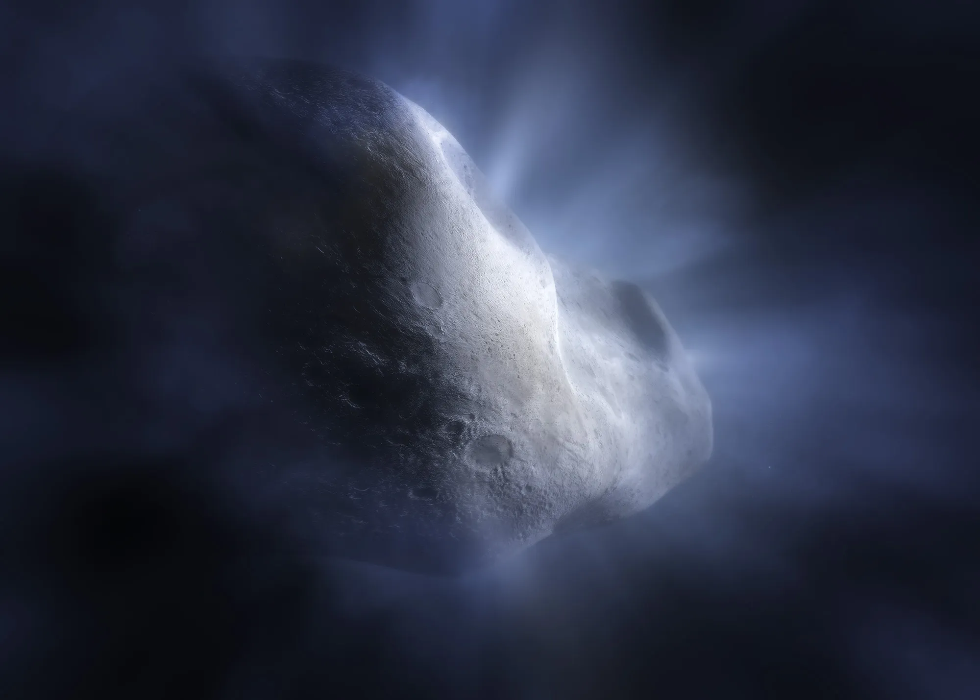 艺术家对238P/Read彗星的想像图,水冰在其轨道接近太阳时蒸发,形成彗发和彗尾,这是彗星与小行星间的区别。This artist’s concept of Comet 238P/Read shows the main belt comet sublimating—its water ice vaporizing as its orbit approaches the Sun. This is significant, as the sublimation is what distinguishes comets from asteroids, creating their distinctive tail and hazy halo, or coma. The James Webb Space Telescope’s detection of water vapor at Comet Read is a major benchmark in the study of main belt comets, and in the broader investigation of the origin of Earth’s abundant water. Credits: NASA, ESA