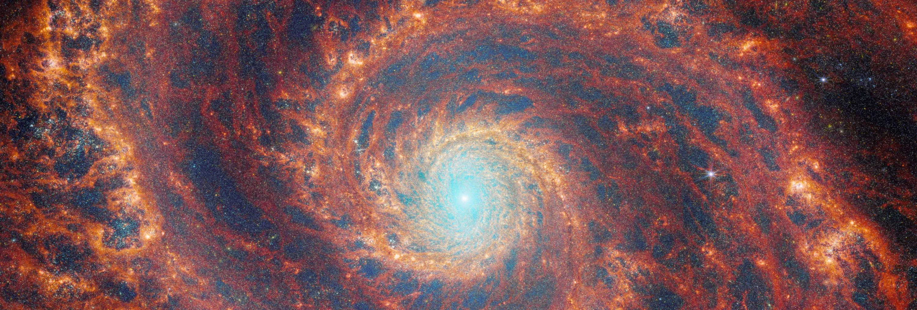 詹姆斯·韦伯太空望远镜所拍摄涡状星系的合成影像。This Webb image shows Messier 51, a grand design spiral galaxy some 27 million light-years away in the constellation of Canes Venatici. Image credit: NASA / ESA / CSA / Webb / A. Adamo, Stockholm University / FEAST JWST Team.