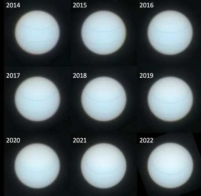 显示天王星颜色变化的一系列图像。Series of images revealing the changing hue of Uranus. (Irwin et al./University of Oxford)