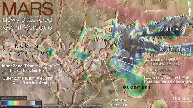 标示诺克蒂斯火山特征的地形图。(Lee & Shubham, 2024)