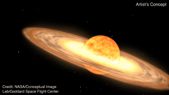在此动画中,红巨星和白矮星相互绕转。红巨星是一个红色、橙色和白色相间的巨大球体,面向白矮星的一侧颜色最浅。白色和黄色的亮光代表恒星周围的吸积盘,白矮星隐藏在其中。一股物质流从红巨星流向白矮星。动画一开始,红巨星位于萤幕右侧,与白矮星共同运行,当红巨星移动到白矮星后面时,白矮星上的新星爆炸,白光消失后,新星喷出的物质球呈现淡橙色,物质雾散去后,留下一个小白点,表示白矮星在爆炸中幸存下来。图片来源:NASA’s Goddard Space Flight Center
